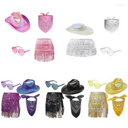 Berets Glittering Cowboy Costume Set Western Wide Brims Hat Scarf Belt Sunglasses Adult Cosplay Party Outfit 4PCS