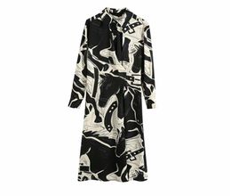 Evfer Women Spring Casual Horse Print High Waist Za Long Dress Female Fashion TurnDown Collar Animal Shirt Dresses 2104308849244