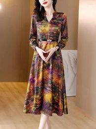 Casual Dresses Women Acetate Floral Satin Midi Dress 2024 Long Sleeve V-Neck Autumn Winter Korean Vintage Luxury Party