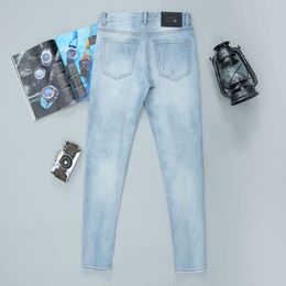 Spring and Summer Distressed Light Blue Elastic Fashionable European Jeans, Men's Pants