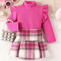 Set di abbigliamento Autunno/Inverno 1-6 anni Collo alto Rosa Carino Manica lunga Top Vita a quadretti Gonna corta Moda Ragazza Bellissimo set