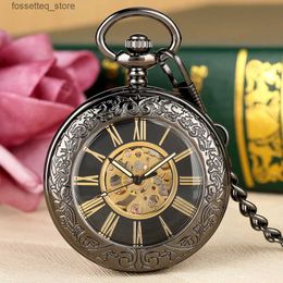 Pocket Watches Vintage Black Pattern Glass Case Golden Roman Number Skeleton Mechanical Pendant Fob Pocket With Chain Christmas Gift L240322