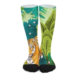 Women Socks Jungle Tiger Stockings Men Watercolor Wild Leaf Soft Breathable Funny Outdoor Sports Anti Skid Pattern