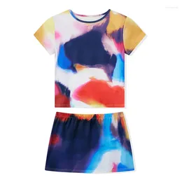 Work Dresses Women Tie Dye 2 Piece Skirt Sets Summer Clothes Short Sleeve Print Tops Mini Skinny Set Streetwear