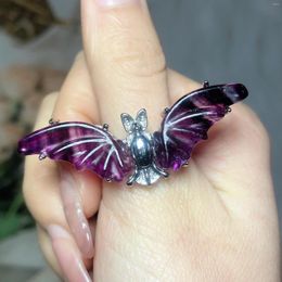 Decorative Figurines Natural Crystals Fluorite Bat Ring Adjustable Jewellery Agates Reiki Healing High Quality Wome Men Energy Gift Mineral