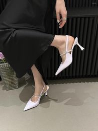 Sandals Fashion Women Pointed Toe Summer Dress Shoes Thin High Heels Elastic Back Strap Black Beige Purple Rhinestone Chain 39