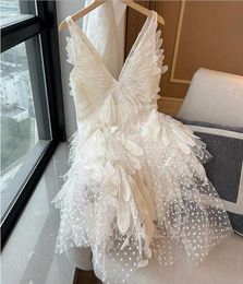 2023 Summer New V-neck Miu - White Swan Feather Short Dress Polka Dot Dress
