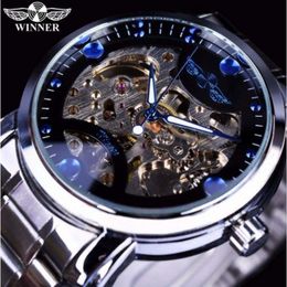 Winner Blue Ocean Fashion Casual Designer Stainless Steel Men Skeleton Watch Mens Watches Top Brand Luxury Automatic Watch Clock249d