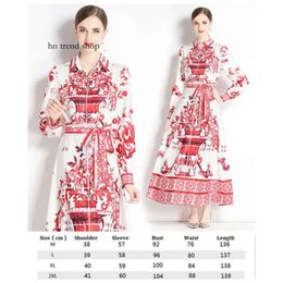 Women Designer Elegant Floral Maxi Dress with Belt Spring Autumn Designer Stand Collar Lace Up Waist Vacation Bohemian Dresses 2023 Lantern Sleeve Cute Party Fro 214