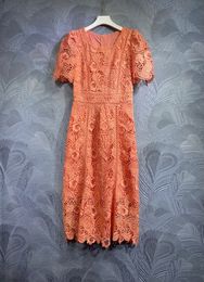2024 Spring Orange Solid Colour Dress Short Sleeve Round Neck Midi Casual Dresses F4M061402