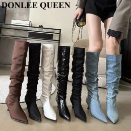 Boots Women Boots Pointy Toe Shoes KneeHigh Thin Heels Fashion Ladies Long Boots 2023 Autumn Winter Slip On Elastic Sock Boots Denim