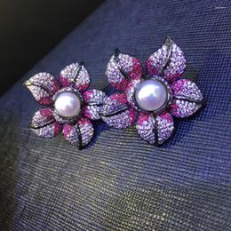 Stud Earrings Cute Natural Fresh Water Pearl Earring Flower 925 Sterling Silver With Cubic Zircon Pink Color Fine Women Jewelry