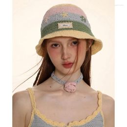 Berets Japanese Handcrocheted Coloured Striped Flower Knitted Hat Spring And Summer Niche Trend Sweet Dome Acrylic Bucket Hats For Women