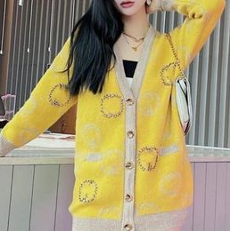 Women's Designer V neck casual knitted cardigans yellow color Sweaters girls slim fit warm soft Heavy industry hot drill versatile sweater jackets coats