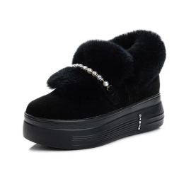 Boots Rabbit Fur Snow Boots Women Platform Sneakers Black 2023 Genuine Leather Ankle Boots Wedges Shoes Luxury Pearl Sneakers