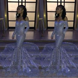 One pcs Black Girl Silver Sequins Off-the-shoulder Mermaid Prom Dresses 2024 Long Sleeves Sweep Train Reflective Evening Gowns