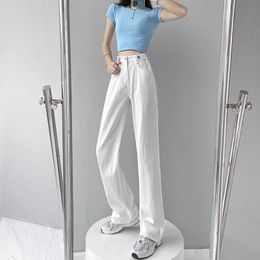 White Ice Silk Wide Legged Jeans for Womens 2024 Summer Thin Loose High Waist Straight Tube Pants Cool and Draping Floor Dragging