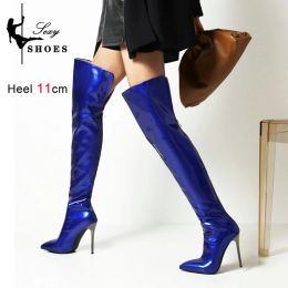 Boots Long Boots for Women Dark Blue Pointed Toe Metal Stiletto Heel Patent Leather OvertheKnee Female Shoes Large Size Short Plush