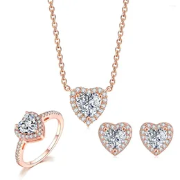 Necklace Earrings Set Wedding Bride Jewellery For Women Korean Heart Chain Rose Gold Colour Earring Ring Zircon Jewellery Wholesale S543