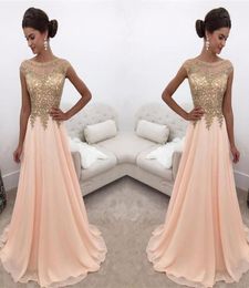 Prom Dresses 2019 Evening Gowns With Pearl Pink Sheer Neck A line long Party Gowns Lace Applique Chiffon Sleeveless Luxury Party D8928252