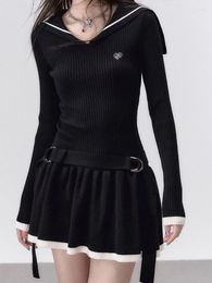 Casual Dresses Autumn Knitted Dress Women Korean Fashion Preppy Style Sweater Female Vintage Long Sleeve Sailor Collar Slim Mini