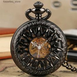 Pocket Watches Steampunk Retro Hollow Sun Black/Gold/Bronze Manual Mechanical Pocket Men Silver/Rose Gold Automatic Pendant Pocket Clock L240322