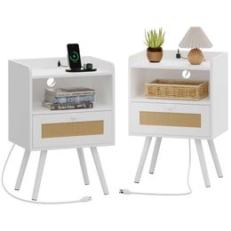 SUPERJARE Charging Station, 2-piece Bedside Set PE Drawer, Rattan Edge Table with Storage Space and Solid Wood Legs, Bedroom Coffee Table, White