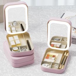 Storage Boxes LED Mirror Makeup Box Cosmetics Fashion Portable Travel Bag Simple Case With For Women