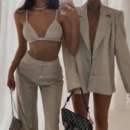 Sexy Glitter Sleeveless Crop Top Bra 3 Piece Pants Suit Summer Blazer High Waist Set Bodycon Straight Trouser Suits 860 240319