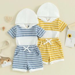 Clothing Sets Toddler Kids Baby Boys Summer Outfits Stripe Hooded Short Sleeve T-shirts Tops Elastic Waist Shorts 2pcs Clothes