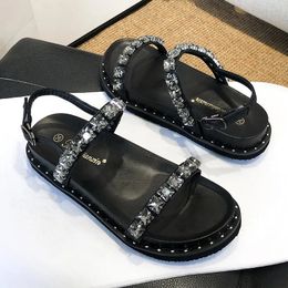 Rhinestone Band Platform Sandals Women Thick Bottom Flat Summer Gladiator Sandalias Mujer Crystal Beads Sandalias Femininas 240309