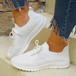 Casual Shoes Ladies Fashion Breathable Solid Color Knitted Mesh Lace Up Flat Bottomed Footwear Sports Air Sneaker For Women