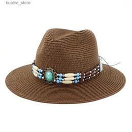 Wide Brim Hats Bucket Hats Summer Women Mens Sun Protection Sun Visor Fedora Straw Hat Outdoor Travel Jazz Panama Hat Big Brim with Bead Becoration Belt L240322