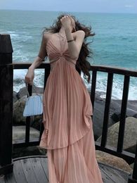 Casual Dresses Summer Fashion Women Sexy Pleated Boho Long Dress Vacation Beach Strap A Line Ladies Robe 2024 Sundress