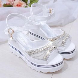 Wedge with Female Sandals Fish Mouth Buckle Casual Shoes Flat Platform Thick Bottom Rhinestone Elegant Women Summer Footwear 240312