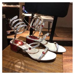 Dress Shoes Sweet Sandals Women Summer Snake-Shaped Winding Love Crystal Square Heel Gladiator Cross-Band