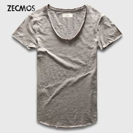 Zecmos Fashion Men T-Shirt With V Neck T Shirts For Men Male Luxury Cotton Plain Solid Curved Hem Top Tees Short Sleeve 240323
