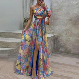 Casual Dresses Prom Maxi Dress Elegant One Shoulder Floral Print With Side Split Hem Pleated Detail For Parties Banquets Special