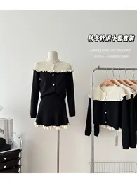 Work Dresses Women Black Gothic Skirt Sets A-Line Mini And Sweater Vintage Y2k Fashion Elegant Knitted Kawaii Suits 2000s Clothes 2024