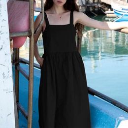Casual Dresses Vintage Cotton Linen Woman Dress Solid Loose Square Collar Sleeveless Backless Button Up Summer Holiday Beach