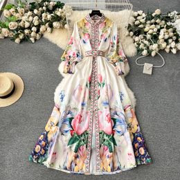 Basic Casual Dresses Fashion Runway Gorgeous Flower Long Dress Women Stand Lantern Sleeve Single Breasted Floral Print Belt Boho Robe Vestidos 2024