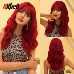 Wigs Wine Red Hair Cosplay Wig with Bangs Long Wavy Synthetic Wigs for Black Women Afro Natural Heat Resistant Fibre Daily Party Wig