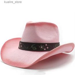 Wide Brim Hats Bucket Hats Vintage Retro Khaki Leather Band Belt Hollowed Out Women Men Straw Wide Brim Beach Cowboy Cowgirl Western Sun Hat L240322