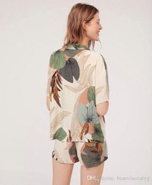 New Palm Leaf Printing Pajamas Home Wear 2020 Summer Short Sleeved Loungewear Shorts Sleepwear Sexy Home Clothes 003