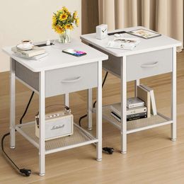 GYIIYUO 2-piece Set, Charging Station and Fabric Drawers, Side Storage Space, Bedside Table with Steel Frame - White