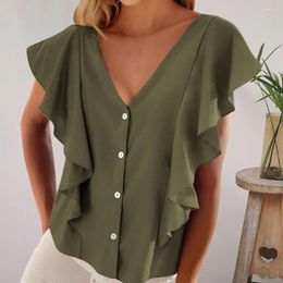 Women's Blouses Women Shirt Single Breasted Tops Stylish V-neck Ruffle Sleeve Loose Fit Streetwear For Summer Dressy Casual