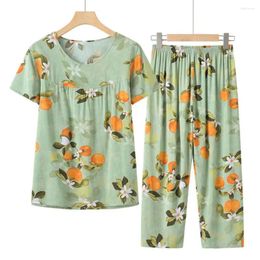 Women's Two Piece Pants Short-sleeved Top Cropped Set Flower Printed With Retro Style Elastic Waist Wide Leg For Comfortable