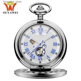 Pocket Watches Luxury brand OUYEI Mechanical Pocket Mens All Steel Case Pocket Fob Simulated Silver White dial Retro Mens Watch L240322