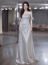 Runway Dresses Silver Celebrity Dress Pleated French Style Beach Party Off Shoulder Glitter Dance Custom High-end Boat Neck Host Evening