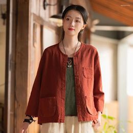 Women's Blouses Johnature Women Chinese Style Cotton Linen Shirts And Tops O-Neck Long Sleeve Spring 2024 Solid Colour Pockets